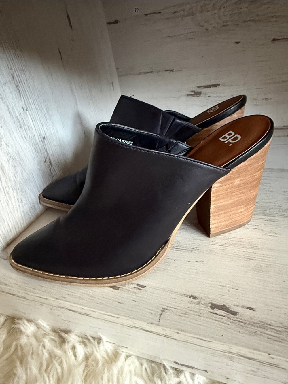 bp Black Leather Slip-On Mules with Wood Block Heel